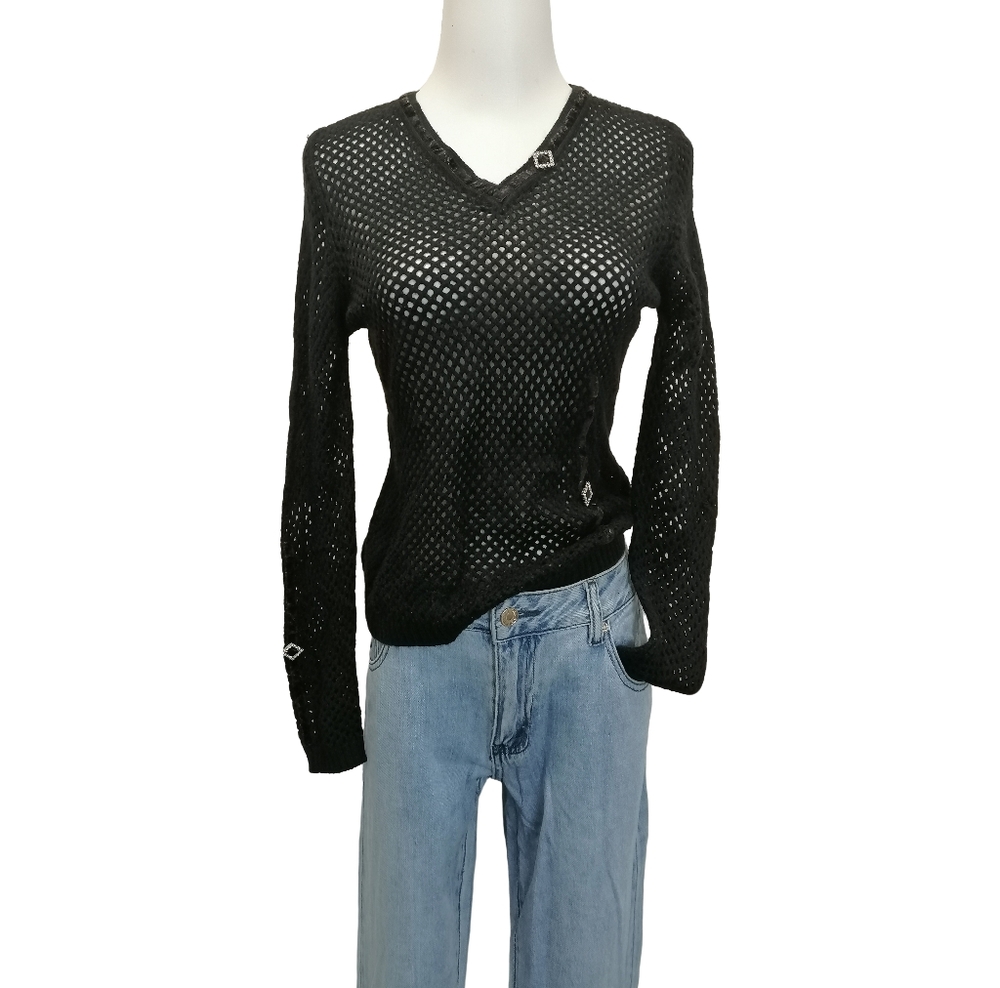 🐞🐞🐞 Black Open Knit V-Neck Sweater